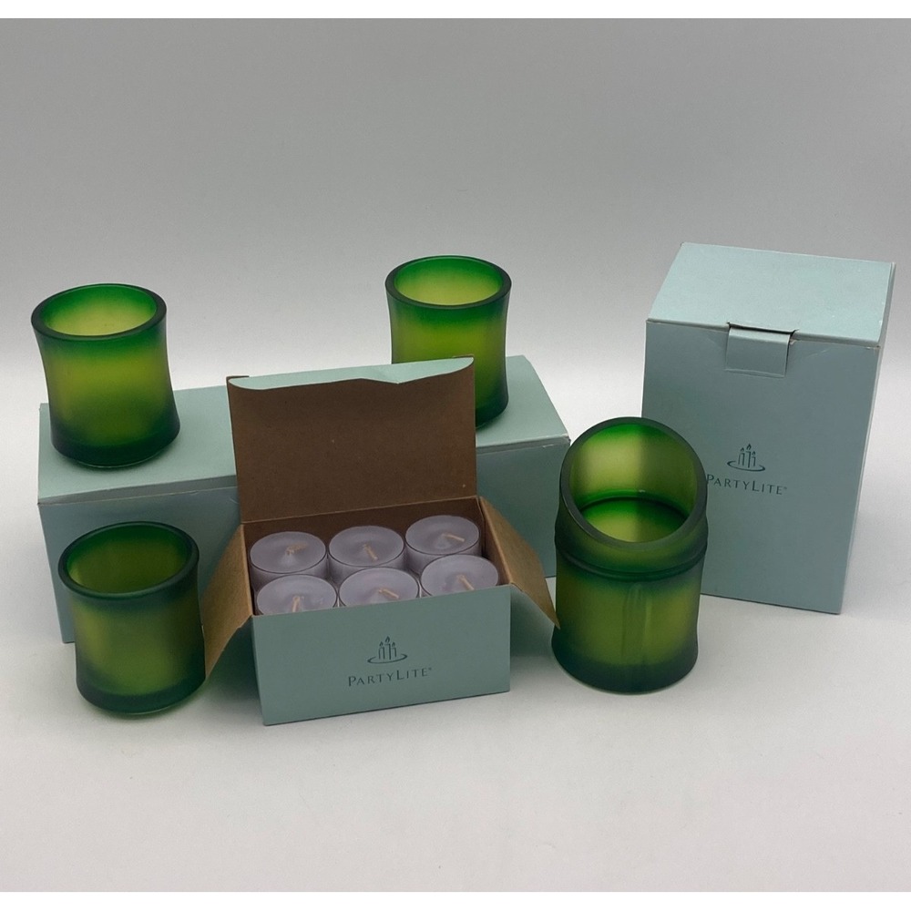 PartyLite Green Bamboo Glass Candle Holder Trio P90660 Single P90661 & Tealights